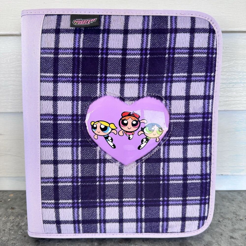 VTG 2001 Powerpuff Girls Zipper Binder Purple Plaid Fabric + Y2K Oxford Folder